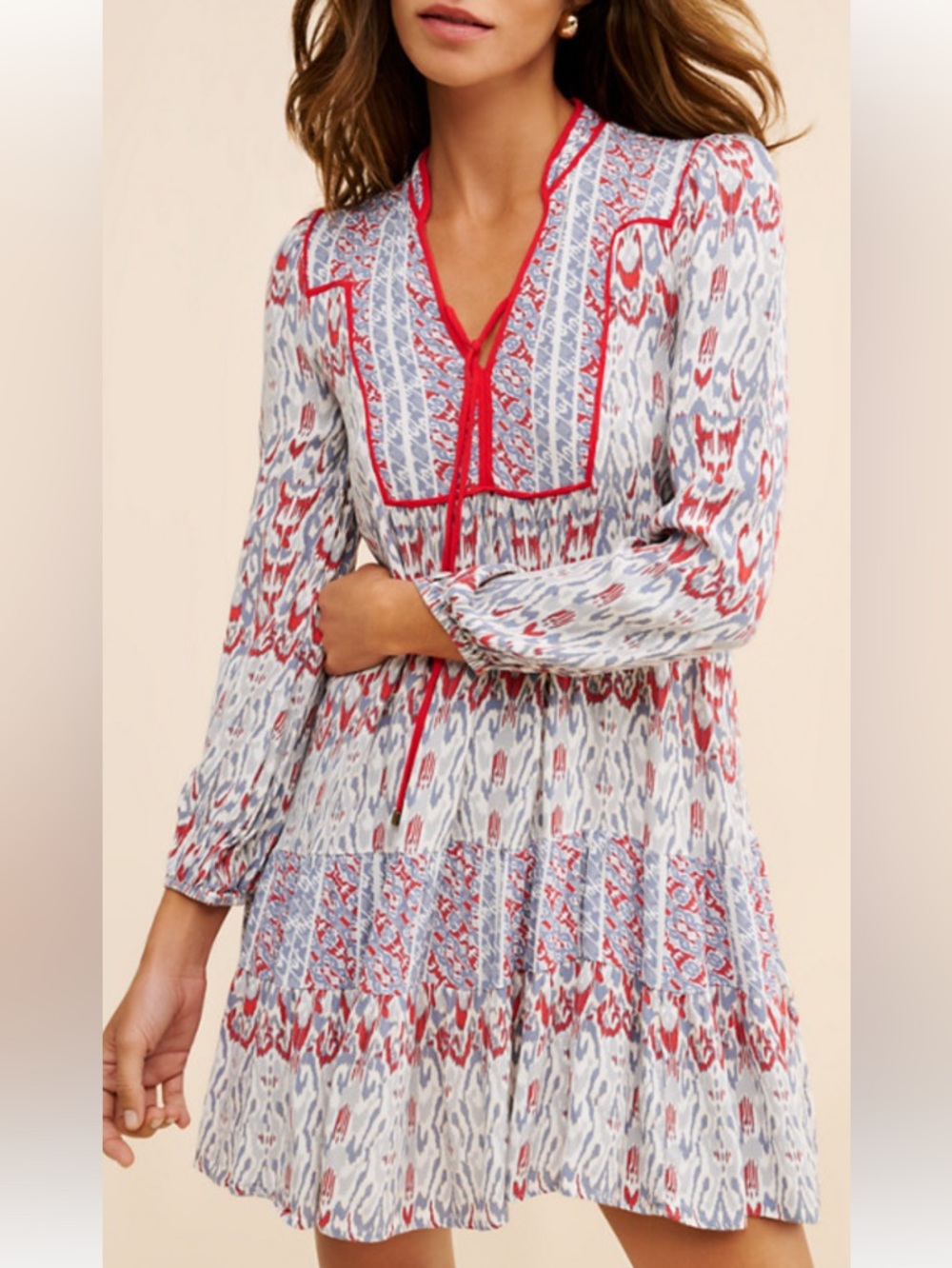 Anthropologie Boho Floral Ikat Tie-Front Long Sleeve Midi Dress Size XXS
